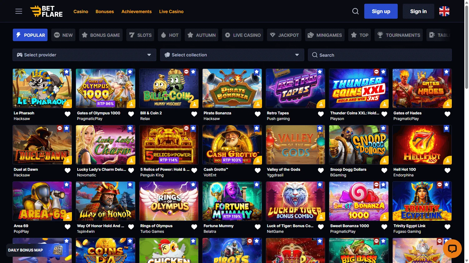 Betflare Casino desktop games area with casino categories and game filters
