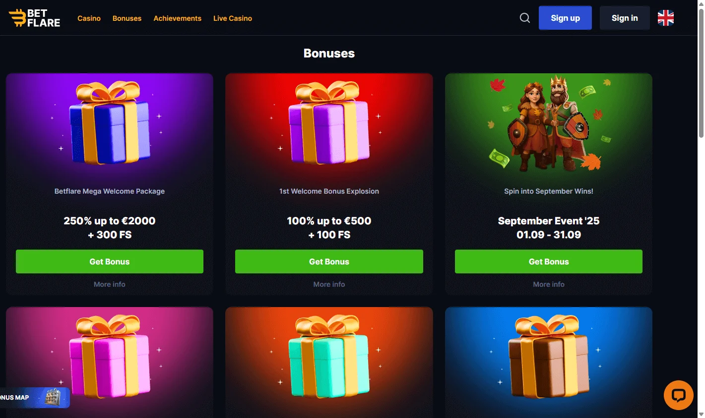 Betflare Casino desktop promotions area with welcome and recurring offers