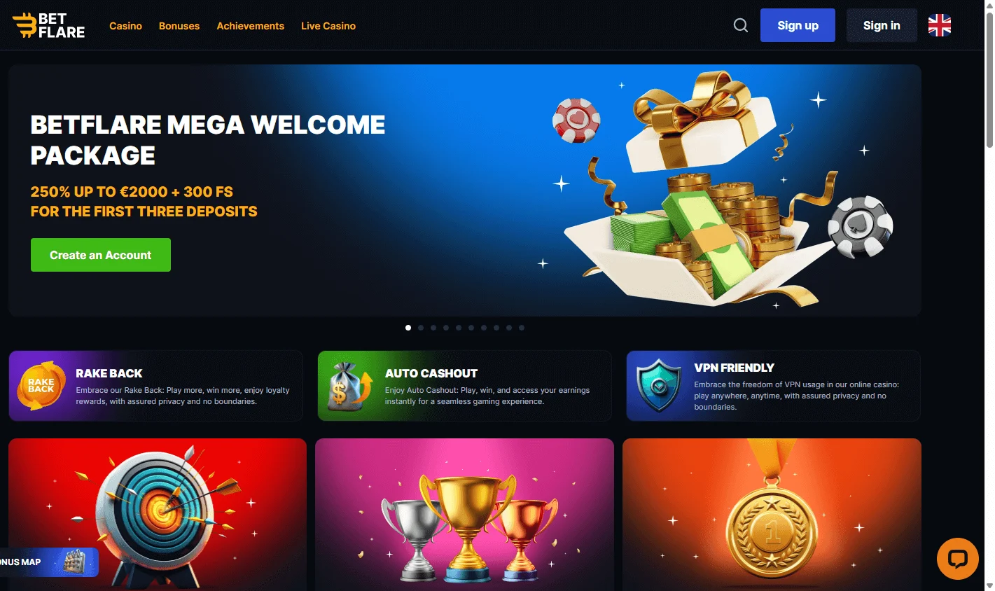 Betflare Casino desktop home experience with casino features and account options