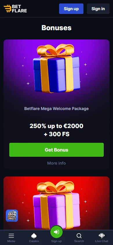 Betflare Casino mobile browser promotions area on a smartphone