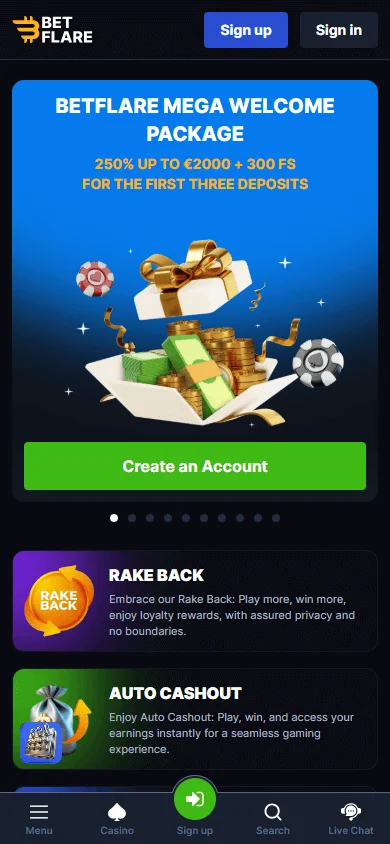 Betflare Casino mobile browser experience on a smartphone