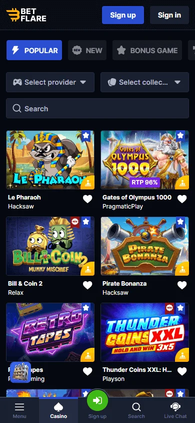 Betflare Casino mobile browser games area on a smartphone
